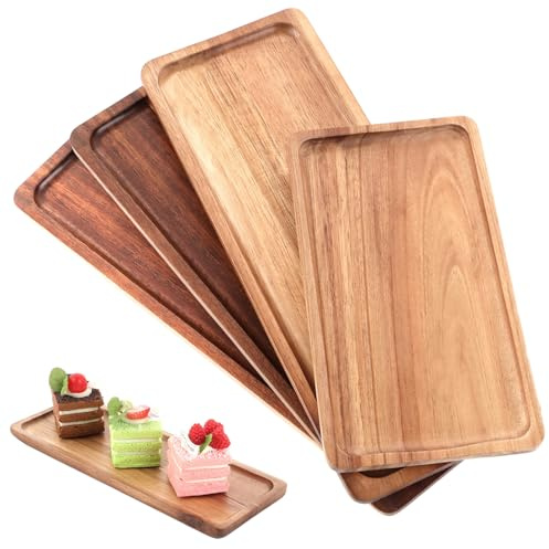 GBACHOOSE 4 Pcs Wooden Serving Tray, Acacia Wood Tray with Raised Edge, Rectangular Wooden Serving Platter for Display Snacks, Fruit, Sushi, Cheese, Candle
