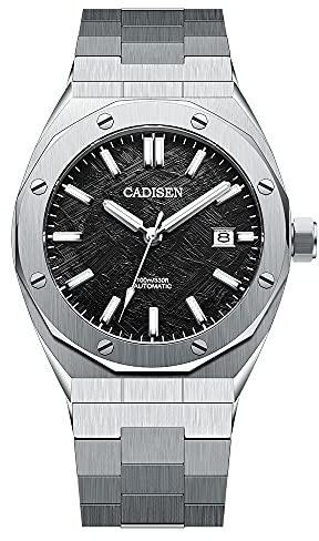 CADISEN Orologio automatico da uomo con vetro zaffiro, impermeabile fino a 100 m, con bracciale in acciaio INOX, Nero., 42MM, Bracciale