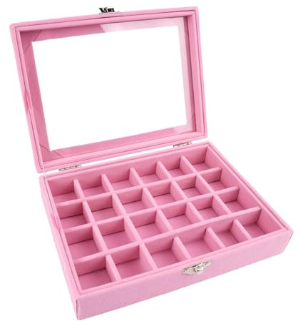 Schmuckkästchen Samt Rosa mit Glas Deckel, Schmuck Aufbewahrungsbox 24 Fächer, Verstellbar Schmuckaufbewahrung 20 X 15 X 2,5 cm für Ringe, Ohrringe, Armband, Manschettenknöpfe, Frauen, Mädchen