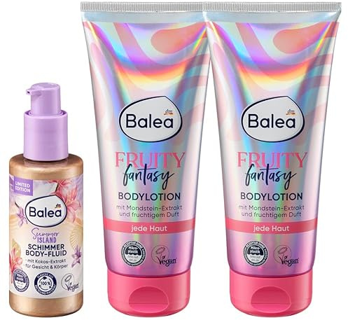 Balea 3er-Set Hautpflege: Schimmer Body-Fluid Summer Island sommerlicher Glow für Gesicht & Körper mit Kokos-Extrakt, 75 ml+ Bodylotion Fruity Fantasy fruchtig mit Mondsteinextrakt, 2 x 200 ml (475ml)
