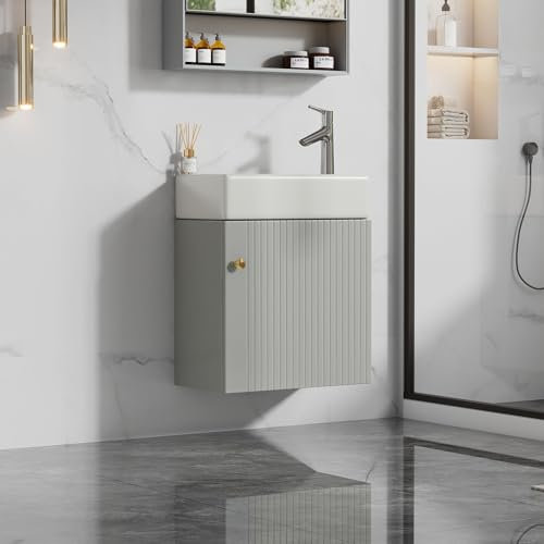 SUKY Mobile da bagno con mobiletto per lavabo, 46 cm, mobiletto per lavabo sospeso, piccolo mobile da bagno, 46 x 26 x 56 cm (grigio e bianco)