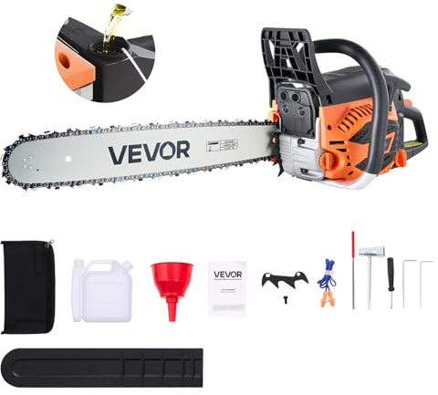 VEVOR 20inch 62CC Gas Powered Chainsaw, 3.8 HP 2 Stroke Engine Gas Power Chainsaws with Non-Slip Handle, Gas Chainsaws with Dual Fuel Tanks, For Wood Cutting, Tree Trimming, and Land Clearing