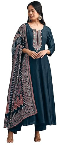 TRENDMALLS Women's Art Silk Embroidery Anarkali Kurta Pant with Dupatta Set