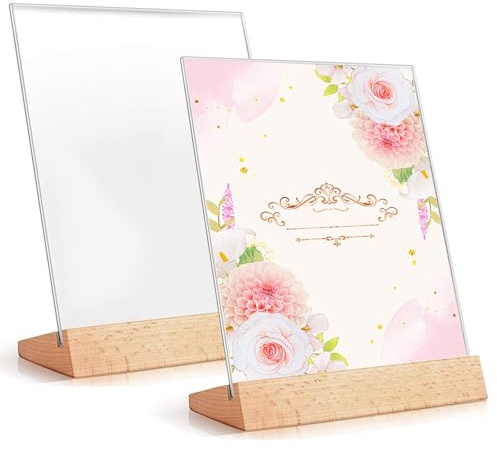 2 espositori da tavolo, formato A4, in acrilico, con base in legno, per stazioni, scuola elementare, espositore per foto in acrilico, supporto in legno per menu, caffè, ristorante, negozio, matrimonio