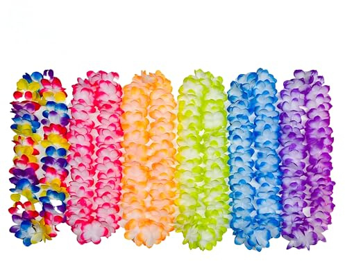 6 Pack Crafts Hawaiian Flower Leis Girlande Halsketten, 105 cm Länge, mehrfarbig, für Urlaub, tropische Partydekorationen, Strandthema Partyzubehör, Hawaii-Kostüm-Zubehör, für Erwachsene und Kinder