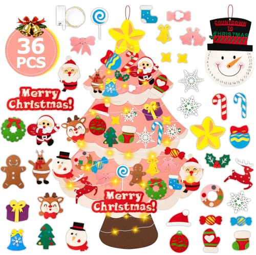 Lanpn Árbol de Navidad de Fieltro con muñeco de Nieve, 102 cm DIY para niños, Navidad, árbol de Navidad con Luces con 36 Adornos Desmontables, decoración Colgante para casa Puerta de Pared (Rosa)