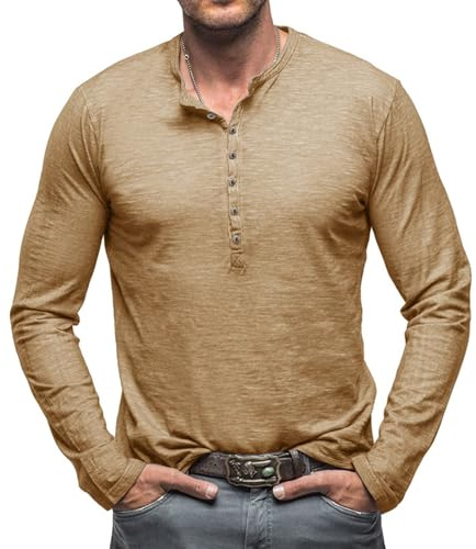 Henley Shirts Maglietta da uomo a maniche lunghe, scollo a V, vintage, slim fit, con abbottonatura, M-3XL, cachi, L