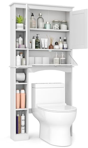 GIANTEX Armadietto WC con ante mobile da bagno autoportante sopra la toilette, armadietto per lavatrice con mensola da bagno regolabile, 80 cm x 21 cm x 165 cm