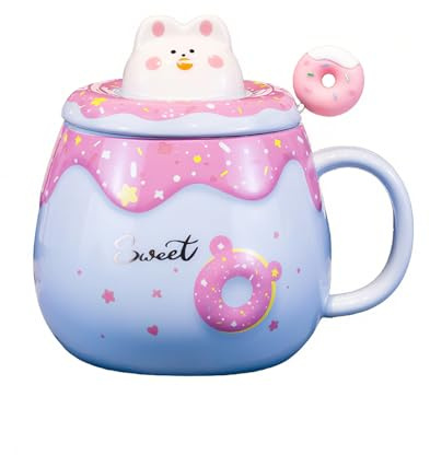 Bibykivn Tasse En Céramique Donut Cadeaux Pour Enfants Et Filles Céramique Comprend Un Couvercle Et Une Tige D'agitation 400 Millilitres Design Charmant Grande Tasse Mug Café Thé Confortable (Bleu)