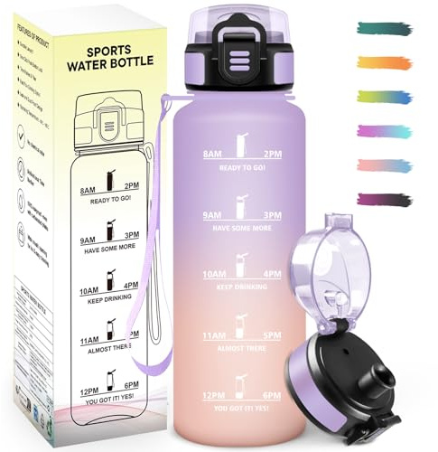 Mulbijeo Gourde 1,5L, Étanche & Portable, Gourde Sport, Réutilisable, Bouteille, Échelle de Temps et Slogans de Motivation, Bouteille D'eau Sport pour Salle de Sport, Travail, Camping, Randonnée
