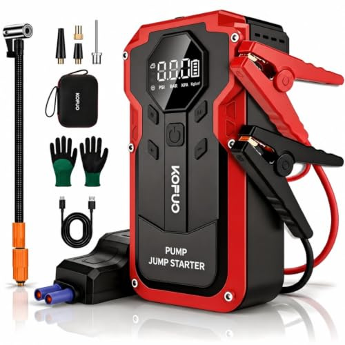 6000A Starthilfe Powerbank mit Kompressor für 8L Benzin & 6.5L Diesel (Rot) | 8000mAh Starthilfe Auto für 12V Auto,Wohnmobil, Motorrad&Rasenmähertraktor, Komplettes Zubehörset,3 USB-Ladeanschluss