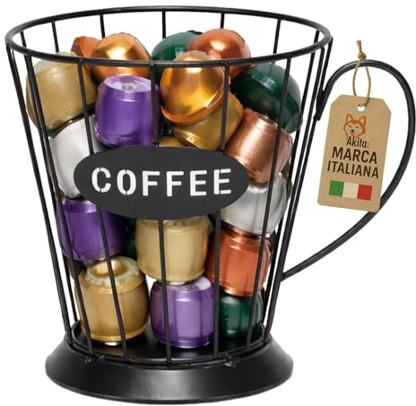 AkitaInk Portacapsule Caffè in Metallo, Organizer Capsule Design Tazza con Manico, Contenitore Porta Capsule da Banco, Ø12 x 14,5 cm, Nero