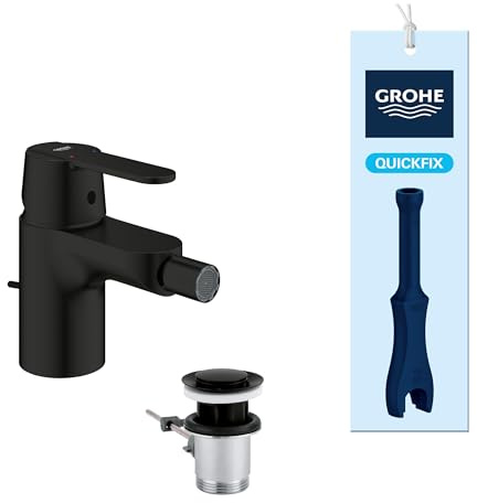 GROHE Get, Bidetarmatur, wassersparend (WC Dusche für die Toilette im Bad, Kugelgelenk-Mousseur, mit Zugstangen-Ablauf, 12cm hoch, mit 3in1 Werkzeug, einfache Installation), mattschwarz, 328852430