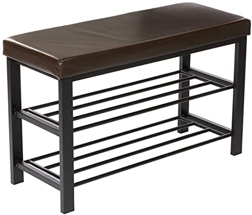 Relaxdays Schuhbank, offen, für 6-8 Paar Schuhe, Schuhregal zum Sitzen, Polsterung aus Kunstleder, HxBxT 49 x 81 x 31 cm, auf 2 Etagen, braun