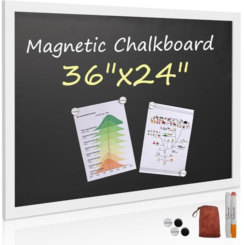 Board2by Rustic Wood Framed Magnetic Chalkboard 24 x 36, Large Hanging Chalk Board Sign for Kids, Non-Porous Wall Blackboard for Wedding Kitchen Restaurant Menu and Home with 4 Unique Magnets, White