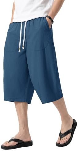 KEFITEVD Men's Shorts 3/4 Length Linen Loose Long Shorts Summer Casual Pants Elasticated Waist Beach Yoga Trousers with Pockets