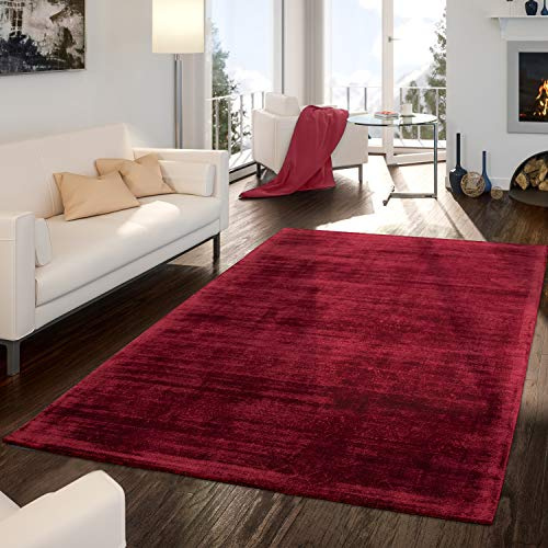 TT Home Wohnzimmer-Teppich, Kurzflor Handgearbeitet Aus Viskose, Einfarbig In Rot, Größe:80x150 cm