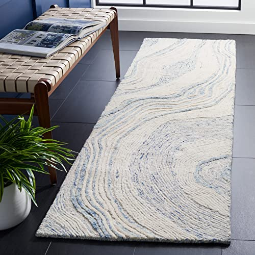 SAFAVIEH Fifth Avenue Collection Runner Rug - 2'3 x 6', Blue & Ivory, Handmade Mid-Century Modern Abstract New Zealand Wool, Ideal for High Traffic Areas in Living Room, Bedroom (FTV121M)