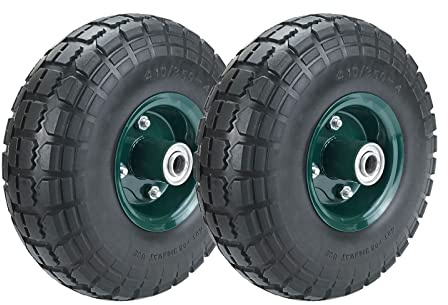 2 Pcs 10 Flat Free Tires Solid Pneumatic Tires Wheels, 4.10/3.50-4 Air Less Tires with 5/8 Center Bearings, for Wheelbarrow/Trolley Dolly/Garden Wagon Carts/Hand Truck/Wheel Barrel/Lawn Mower, 2 Pack