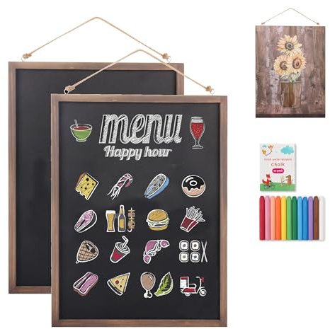 SELEAD 2-Pack Solid Wood Frame Chalkboard Signs with Dustless Chalk - 12x16 Small Wall Hanging Chalk Board, Double-sided Message Menu Board + Rustic Sunflower Art Decor for Business, Home, Farmhouse