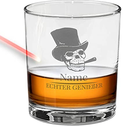 Whiskyglas mit Gravur selbst gestalten - Totenkopf Echter Genießer - mit Name personalisieren - Whisky Glas graviert Tumbler, Geschenk für Männer zum Geburtstag, Weihnachten | 315 ml, Gravur