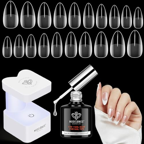 modelones Nageltips and Glue Gel Kit, Matte Almond Nails Full Cover Nail Tips Set, 4 in One Nagelkleber & Mini Uv Lampe für Nägel, 500 Pcs Nagel Tips Set für Nagelverlängerung DIY Salon Geschenke