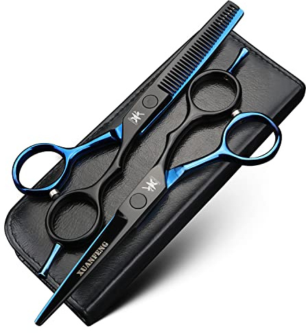 Lot de 2 ciseaux à cheveux JP440C de 5,5 pouces en acier professionnel pour la coupe et l'effilage de la coiffure, convient pour les familles ou les barbiers Bleu