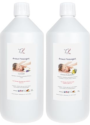 Aroma Massageöl Set (2x1L) für Massage, Physiotherapie, Wellness, Sport etc. in Pharma Qualität (2000ml, Lavendel & Zitrone-Eukalyptus)