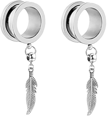 Gualiy 2 STK Plug Ohr Edelstahl, Ohrring Tunnel 10mm mit Blatt Anhänger Silber Ohrringe Plugs Frauen
