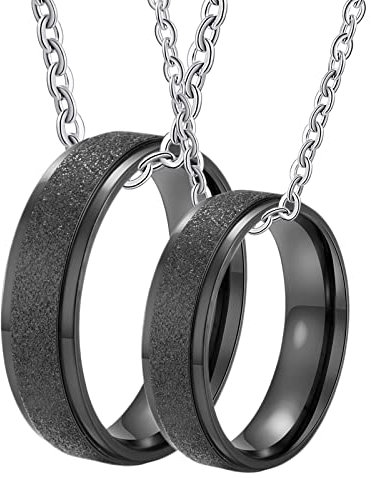 BCughia Partner Halskette mit Gravur, Partnerketten mit Ring Schwarz Halskette Gravieren 6 mm Schwarzer, Mattierter Ring Necklace für Paar