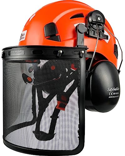 SAFEBUILDER Forestry Safety Helmet with Build in Visor and Mesh Face Shield and Ear Muffs 4 in 1 Forestry Hard Hat Chainsaw Work Helmet ANSI Z89.1 (01-Orange-ICV-BR1-Mesh Shield)