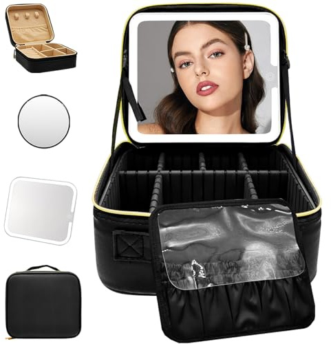 WITFAMILY Kosmetiktasche mit Spiegel，Schminkkoffer mit 1/10x Spiegel und 3 Farbe Licht, Schminktasche mit Aufbewahrung von Make-up-Pinseln，Travel Makeup Bag für Frauen，Schwarz