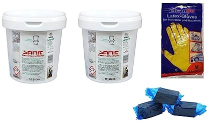 zbs24 Wasserkastenwürfel Sanit Reinigungswürfel für WC-Spülkasten - 2 Dosen a 10 Stück, Würfel je 50g, Bundle mit Latex Handschuhen