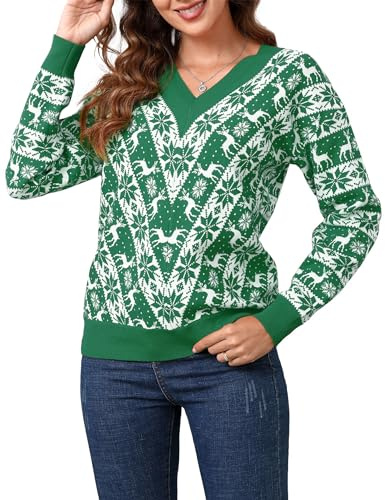 Clearlove Pull de Noël pour Femme à Col-V en Tricot de Renne V-Vert XL