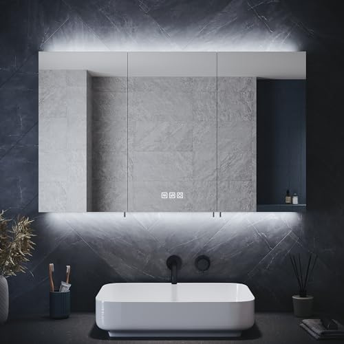ELEGANT Triple Door LED Mirror Cabinet with Shaver Socket, 1000x600cm | Illuminated Mirror Cabinet with 3 Colors Dimmable & Anti-Fog, IP44 Waterproof, Wall Mounted Cabinet for Bathroom Toiletries