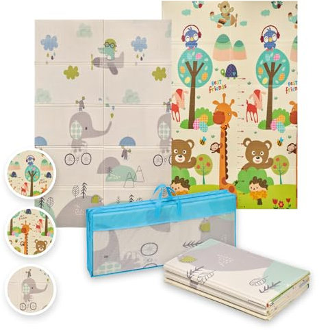 MS BabyWorld - Trendy - Alfombra de Juegos para Bebé 180x120 cm - Doble Cara, Tapete Muy acolchado (1cm Grosos), Plegable y con Bolsa de transporte