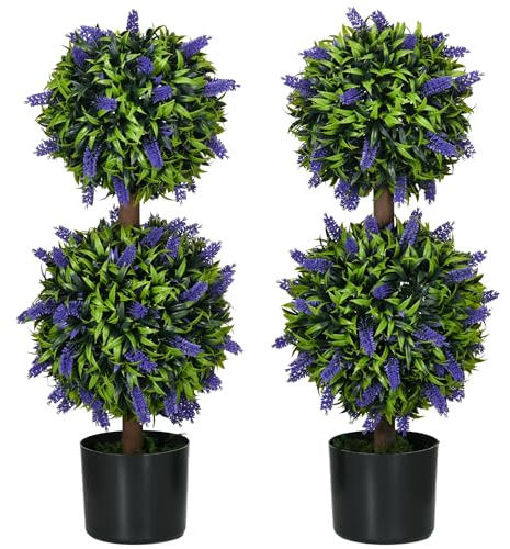 HOMCOM Set of 2 Decorative Artificial Plants Ball Trees with Lavender Flowers in Pot Fake Plants for Home Indoor Outdoor Decor, 70cm, Green