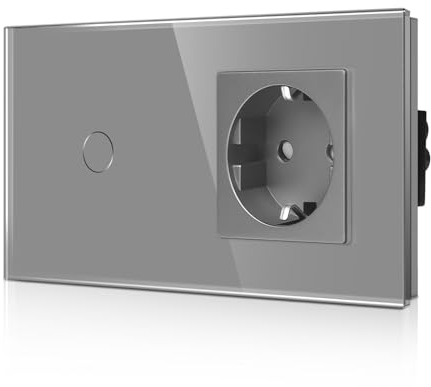 CNBINGO Glas Lichtschalter und Schuko Steckdose Unterputz – Touch Lichtschalter mit LED Status – Wandschalter mit Glasrahmen – 1 Fach Grau
