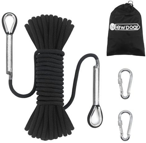 NewDoar Corda da arrampicata statica da 14 kN, 8 mm, 10 m, 20 m, 30 m, 50 m, con 2 moschettoni, per attrezzatura da arrampicata su ghiaccio, corda di salvataggio antincendio, nera, 20 m