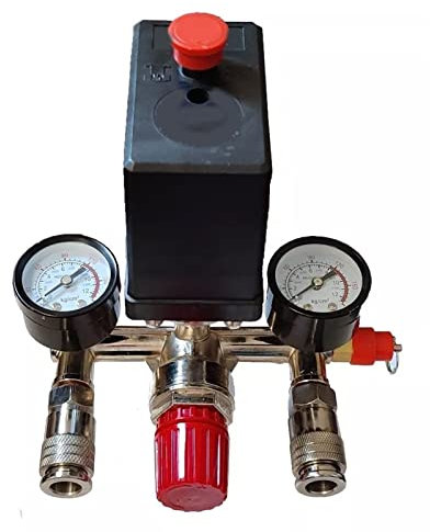 DEWIN Kompressorschalter Druckschalter, 220 V 380 V Steuerventil für Luftkompressor, Luftkompressor Druckschalter mit Dual-Gauge Messgerät 90-125 PSI für Druckregl