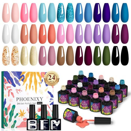 Phoenixy 21 Colores Esmaltes Semipermanentes para Uñas, 21+3 Pintauñas Esmalte de Uñas con Capa Base Mate Brillante, kit Uñas Semipermanentes Para Mujeres Diseño de Salón en Casa