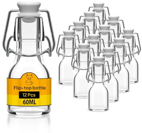 Flaschen-Fuchs Set di 12 Bottiglie in Vetro da 60ml con Chiusura Ermetica - Bottiglia per Olio, Vino, Liquori, Acqua, Birra, Succhi di Frutta, Conserve e Latte - Bottigliette di Vetro piccole
