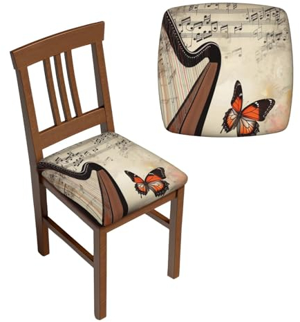 VducK Stretch-Stuhlhussen für Esszimmer, Küche, 4-teilig, Musikhintergrund mit Harfe und Schmetterling, dehnbar, Esszimmerstuhlhusse, Stretch-Bürostuhlbezug