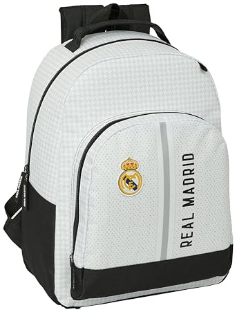 Safta REAL MADRID 1ª EQUIPACIÓN 24/25 - Mochila Adaptable a Carro, Mochila, Ideal para Niños de Diferentes Edades, Cómoda y Versátil, 32x15x42 cm, Blanco/gris, 21.5L