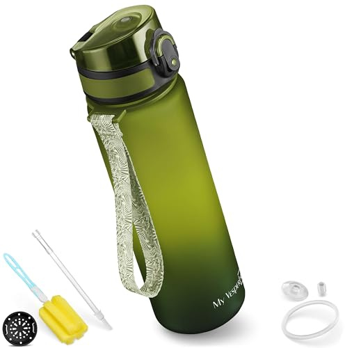 My Vesperbox Minny Läckagesäker drickflaska för barn, 350/500/750 ml, med sugrör eller sil, BPA-fri, för dagis och skola (750 ml, grön/ljusgrön/svart)