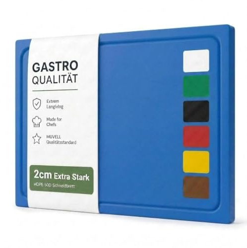 MUVELL Planche à découper en plastique PE-HD Bleu, 45x30x2 cm, passe au lave-vaisselle, extra épaisse, n'abîme pas les couteaux bac à jus