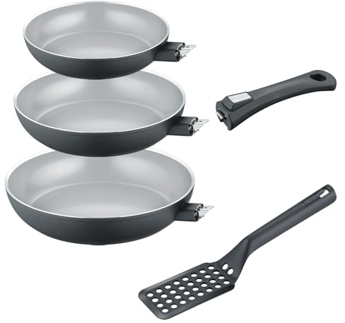 Berndes Pfannen Set b.perfect 4tlg. - Universalpfanne 20 cm, 24 cm & 28 cm + abnehmbarer Griff & Pfannenwender – allherdtauglich - Bratpfanne mit Antihaftbeschichtung –– Aluminium – ohne PFAS