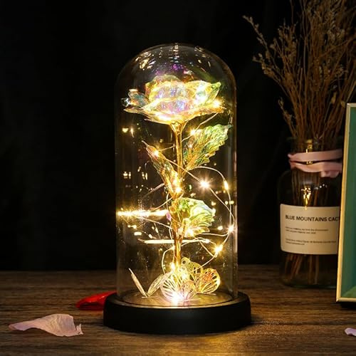 REWIAR Rosa eterna sotto campana regalo donna - rosa eterna con luce LED - San Valentino rosa galassia luminosa per lei, festa della mamma, Natale e compleanno (colore)