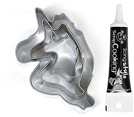 3 mini cortadores de galletas Unicornios + tubo de glaseado negro