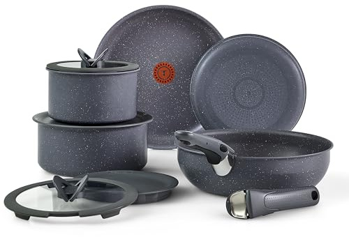 T-fal Ingenio Essentials Kochgeschirr-Set mit abnehmbarem/abnehmbarem Griff, 11-teilig, Granit-Titan, antihaftbeschichtet, ofenfest, 500 °C, stapelbar, Töpfe und Pfannen, Bratpfannen,